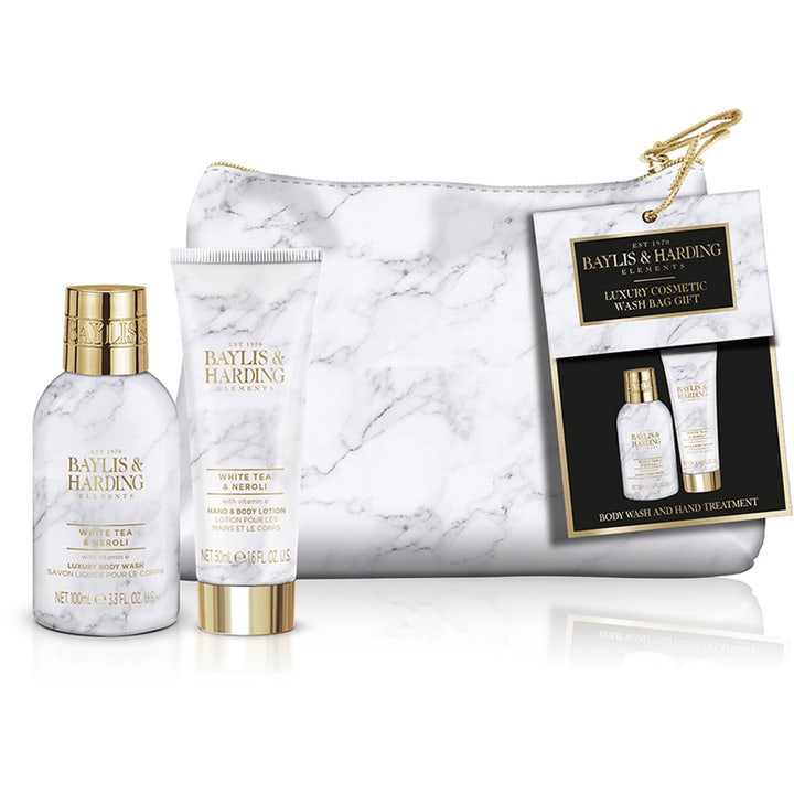 Baylis & Harding White Tea & Neroli 100ml ja 50ml lahjasetti puhdistaa ja kosteuttaa marmorikuvioisessa meikkipussissa.