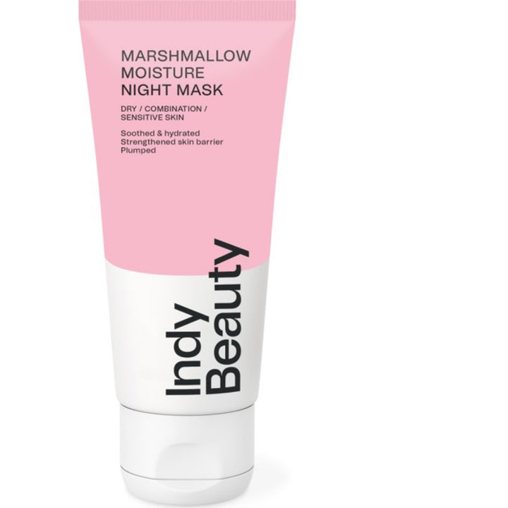 Indy Beauty Marshmallow Moisture Night Mask kosteuttava yönaamio vaaleanpunaisessa ja valkoisessa tuubissa.
