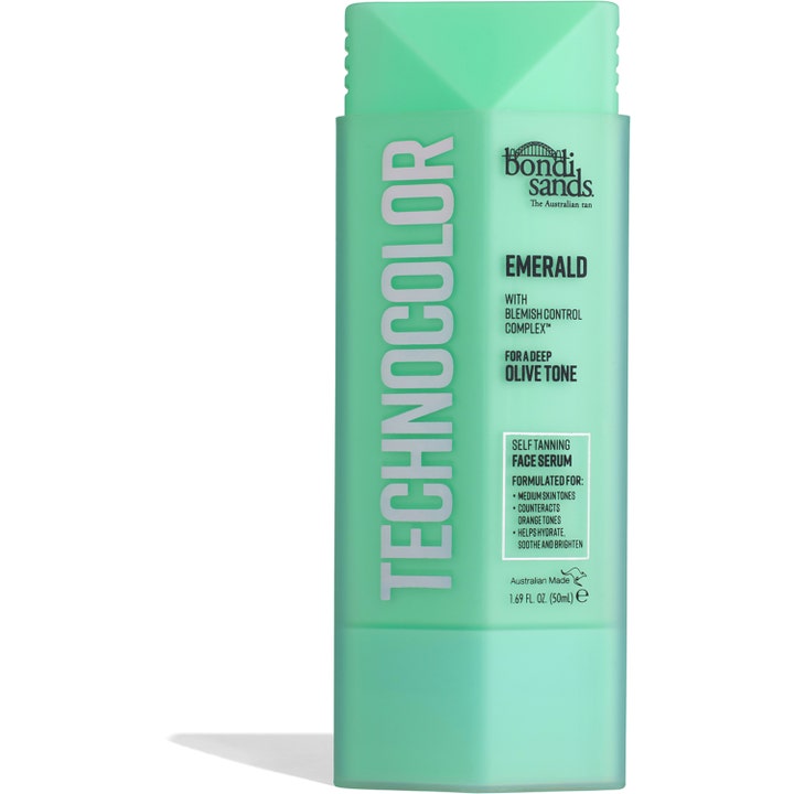 Bondi Sands Technocolor Emerald 50 ml itseruskettava kasvoseerumi mintunvihreässä pumppupullossa.