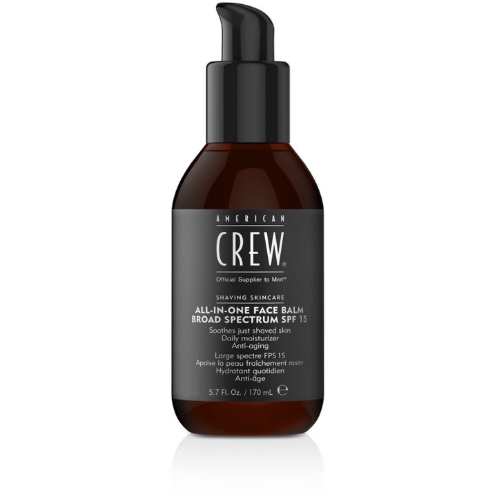 American Crew All-In-One Face Balm 170 ml rauhoittava kasvovoide SPF 15 suojalla ruskeassa pumppupullossa.