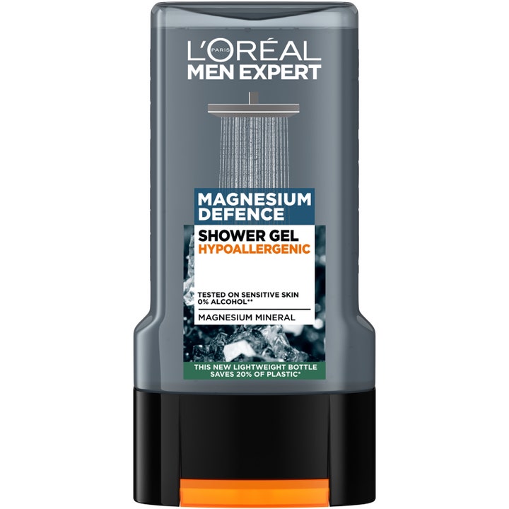 L'Oréal Men Expert Magnesium Defence 300ml hypoallergeeninen suihkugeeli harmaassa muovipullossa mustalla korkilla.