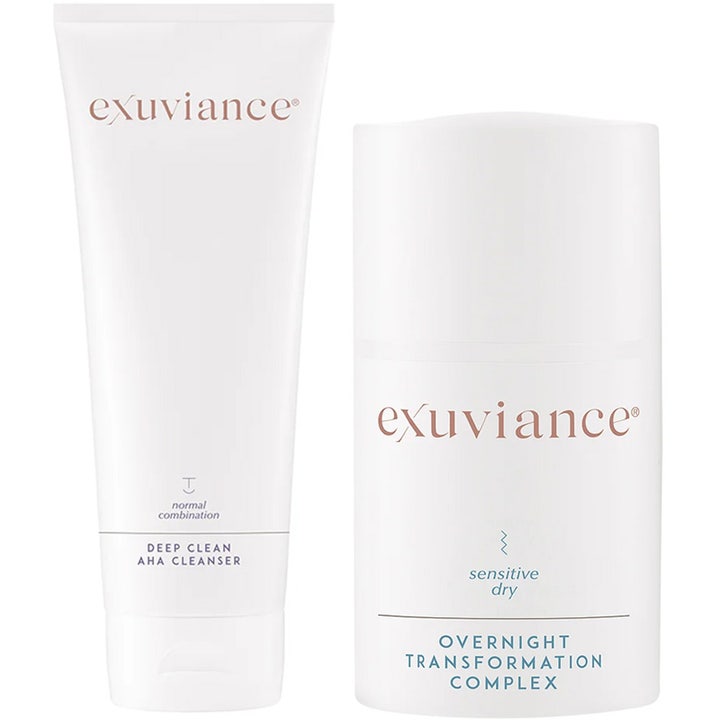 Exuviance Deep Clean AHA Cleanser ja Overnight Transformation Complex syväpuhdistava valkoinen tuubi ja hoitava voide.