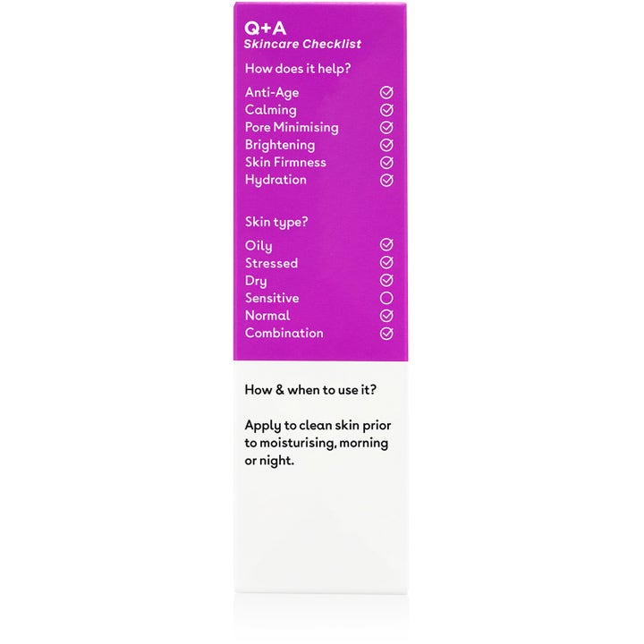 Q+A Azelaic Acid Facial Serum 30 ml rauhoittava kasvoseerumi purppuranvärisen pakkauksen Skincare Checklist -sivu.