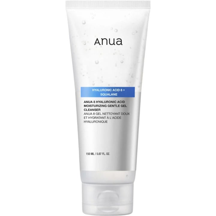 Anua 8 Hyaluronic Acid Moisturizing Gentle Gel Cleanser 150 ml kosteuttava puhdistusgeeli valkoisessa tuubissa.