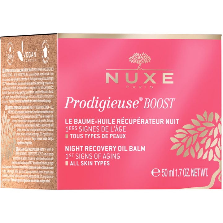 Nuxe Créme Prodigieuse Boost Night Recovery Oil Balm 50 ml elvyttävä yövoide ensi juonteille vaaleanpunaisessa rasiassa.