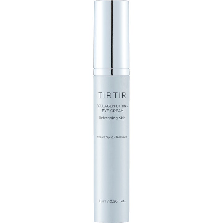 TIRTIR Collagen Lifting Eye Cream 15 ml kiinteyttävä silmänympärysvoide kapeassa vaaleansinisessä tuubissa hopeisella korkilla.