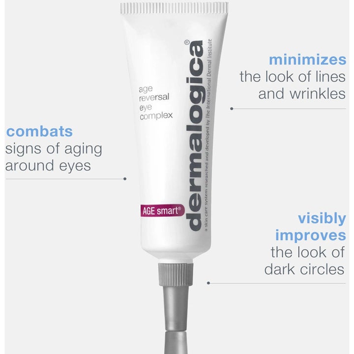 Dermalogica Age Reversal Eye Complex silmänympärysvoide valkoisessa tuubissa silottaa juonteita ja tummia silmänalusia.