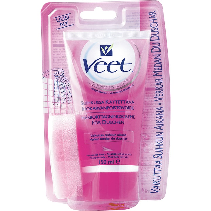 Veet Suihkussa käytettävä ihokarvanpoistovoide 150 ml pehmentää ihoa vaaleanpunaisessa tuubissa ja mukana on sieni.