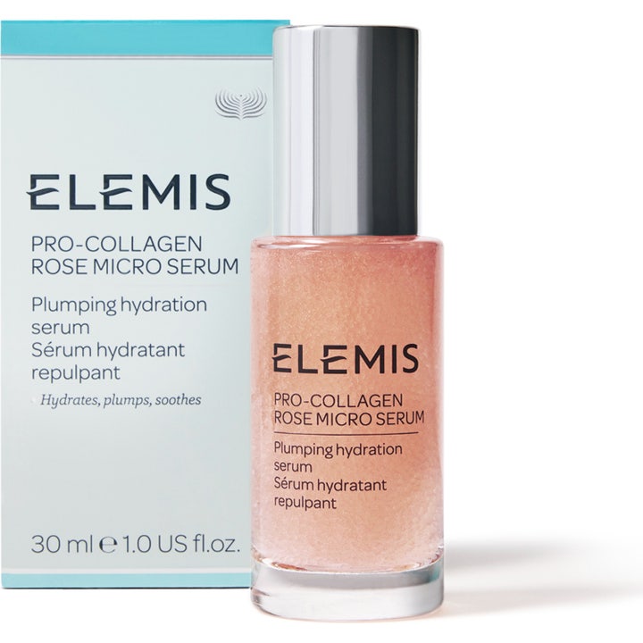Elemis Pro-Collagen Rose Micro Serum 30 ml on täyteläistävää kosteutta antava seerumi lasipullossa ja pakkauksessa.