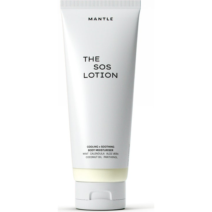 Mantle The SOS Lotion 150 ml rauhoittava ja viilentävä vartalovoide tyylikkäässä valkoisessa tuubissa.