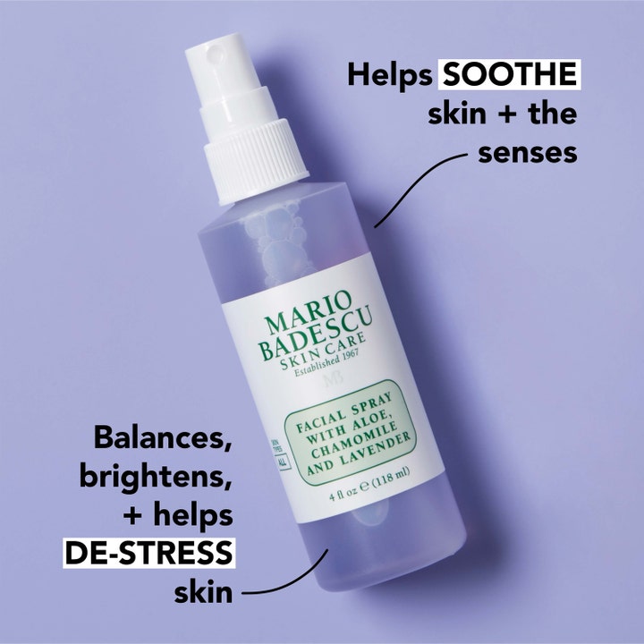 Mario Badescu Facial Spray Aloe Chamomile & Lavender 118 ml rauhoittava kasvosuihke liilassa pullossa tekstillä Helps Soothe.