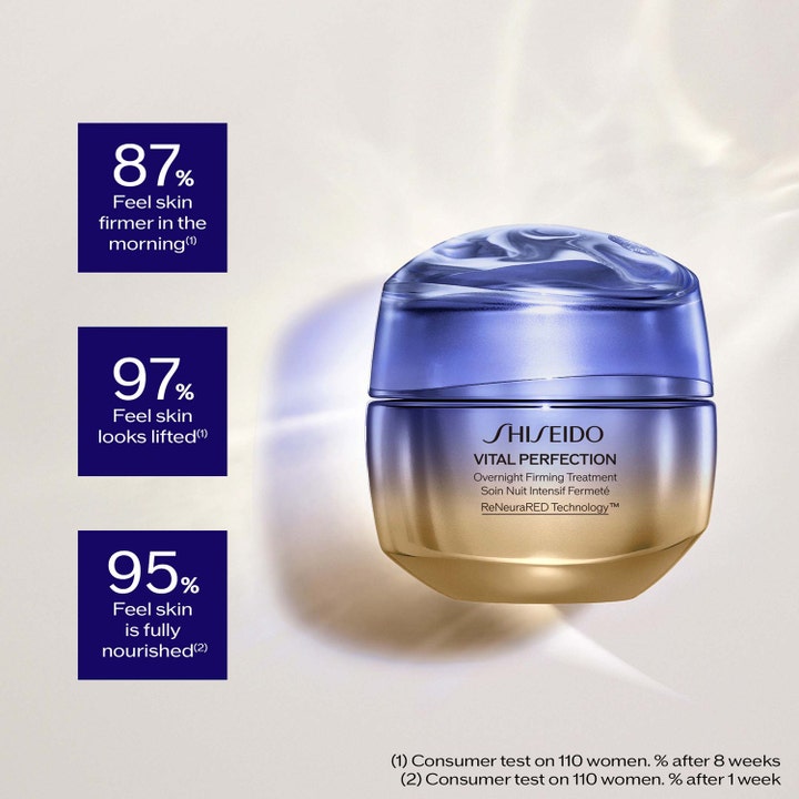 Shiseido Vital Perfection Advanced Overnight Treatment 50 ml yövoide kiinteyttävässä sini-kultaisessa purkissa.