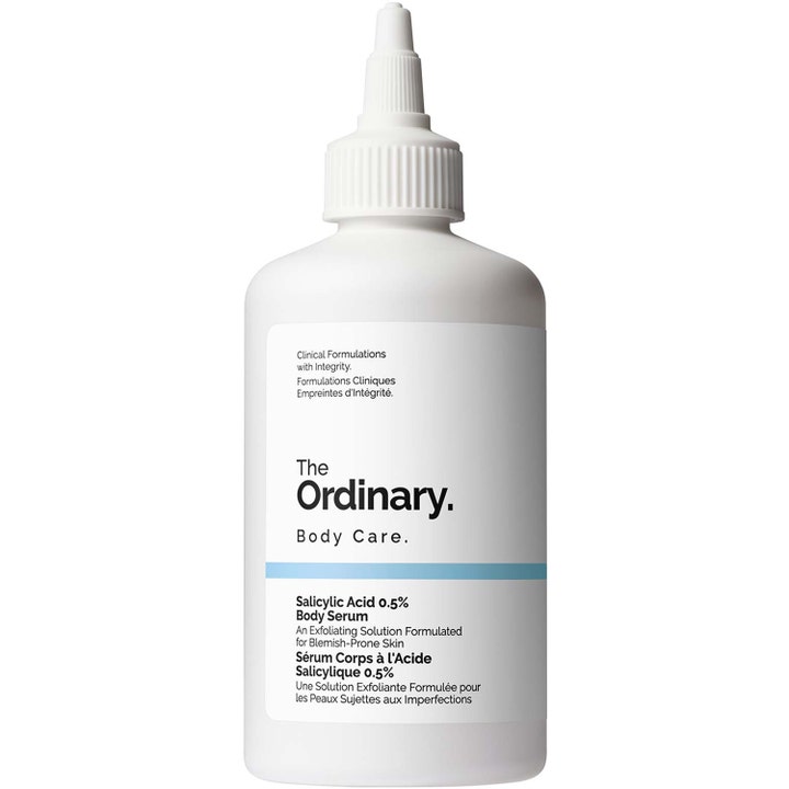 The Ordinary Salicylic Acid 0.5% Body Serum kuoriva vartaloseerumi epäpuhtauksille valkoisessa kapeakärkisessä pullossa.