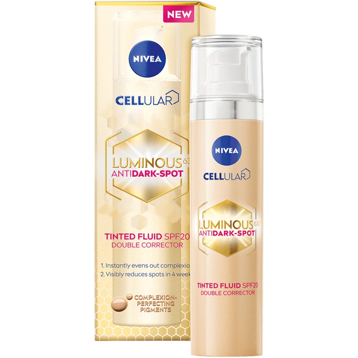 Nivea Luminous 630 Cellular Tinted Fluid 40 ml sävytetty päivävoide SPF 20 beigessä pumppupullossa ja pakkauksessa.