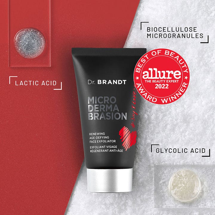 Dr Brandt Microdermabrasion 60 g kuorintavoide ja Lactic Acid sekä Glycolic Acid näytteet valkoisella pinnalla.
