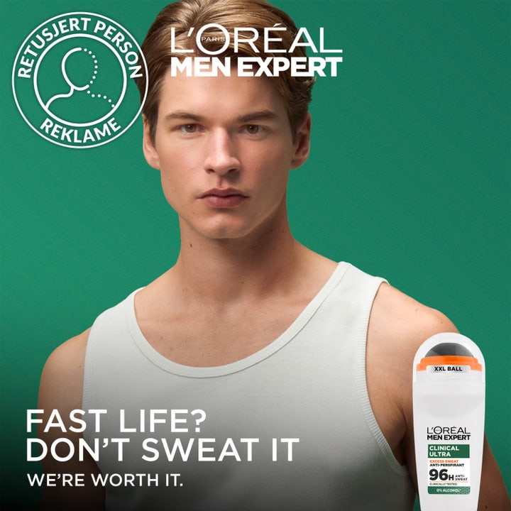 L'Oréal Paris Men Expert Clinical Ultra 50 ml anti-perspirantti antaa 96h suojan ja kuvassa on mies vihreällä taustalla.
