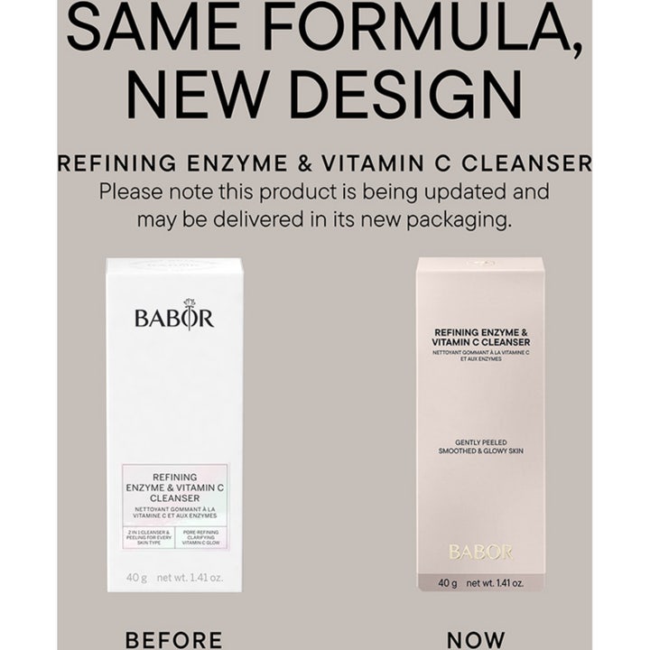 Babor Refining Enzyme & Vitamin C Cleanser 40 g kirkastava puhdistusaine valkoisessa pullossa appelsiinin rinnalla.