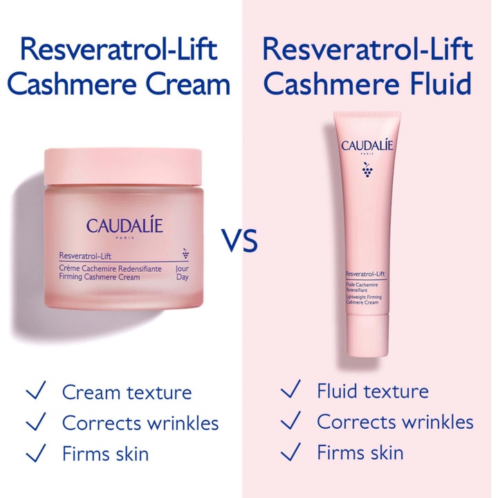 Caudalie Resveratrol-Lift Cashmere Cream 40 ml kiinteyttävä kasvovoide purkissa ja kevyempi fluid-versio tuubissa