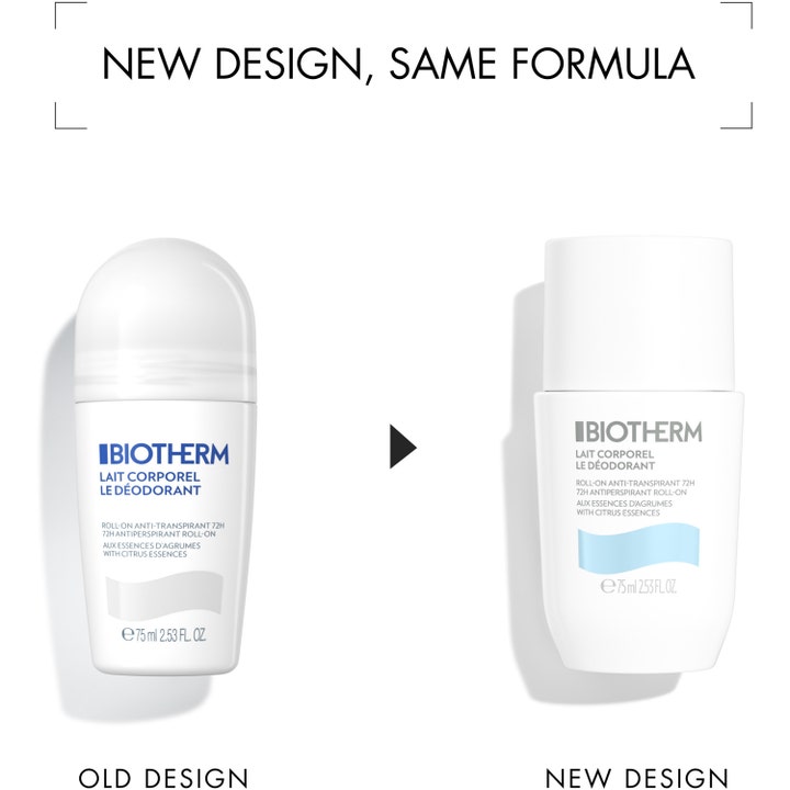 Biotherm Lait Corporel Deodorant Roll-On 75 ml 72h antiperspirantti vertailukuva vanhan ja uuden pakkauksen välillä