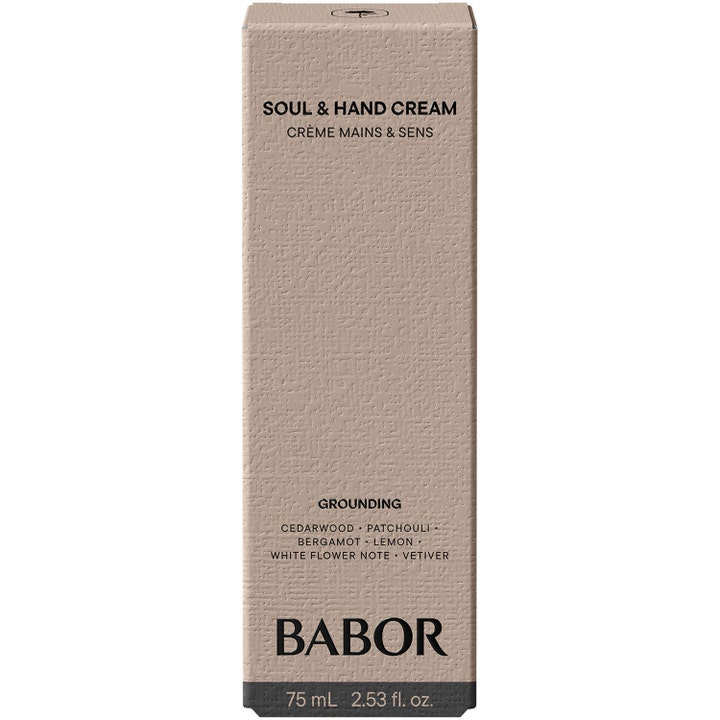 Babor Soul &amp; Body Hand Cream 75 ml kosteuttava käsivoide beigessä teksturoidussa pakkauksessa.