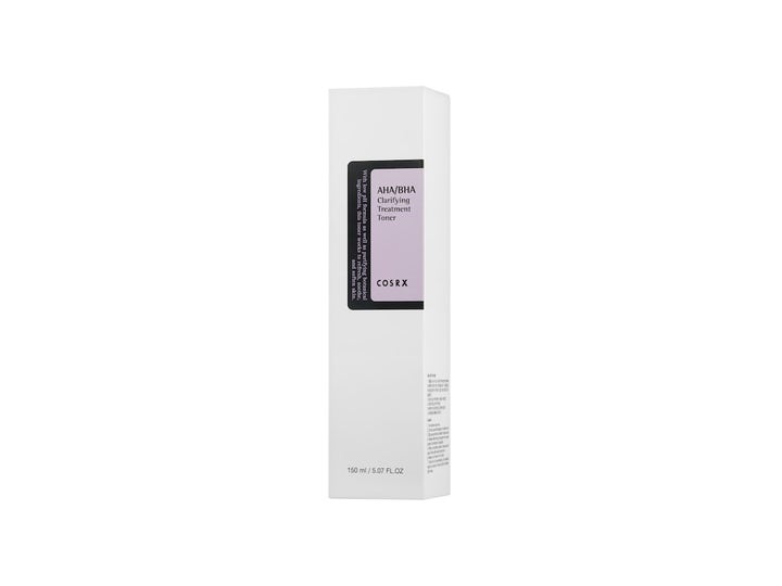 COSRX AHA/BHA Clarifying Treatment Toner 150 ml kirkastava kasvovesi valkoisessa pahvipakkauksessa liilalla etiketillä