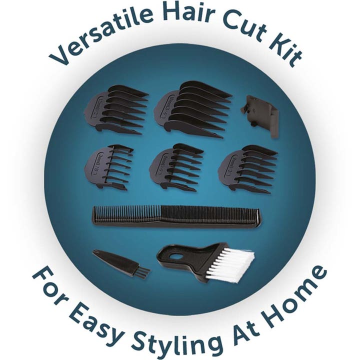 Remington Apprentice Hair clipper HC5020 hiustenleikkuukone ja tarvikkeet kuten ohjauskammat ja puhdistusharja.