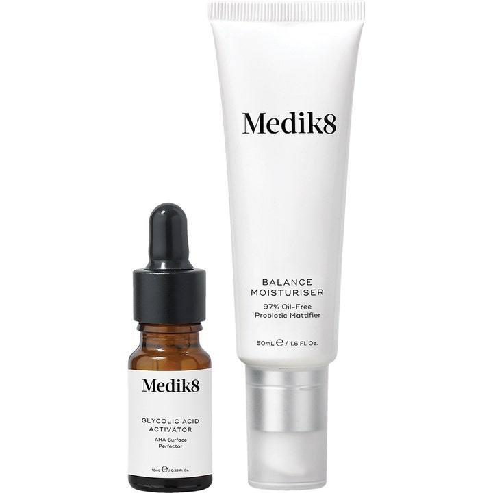 Medik8 Balance Moisturiser 50ml ja Glycolic Acid Activator 10ml mattapinnan luova voide tuubissa ja seerumi pipettipullossa.