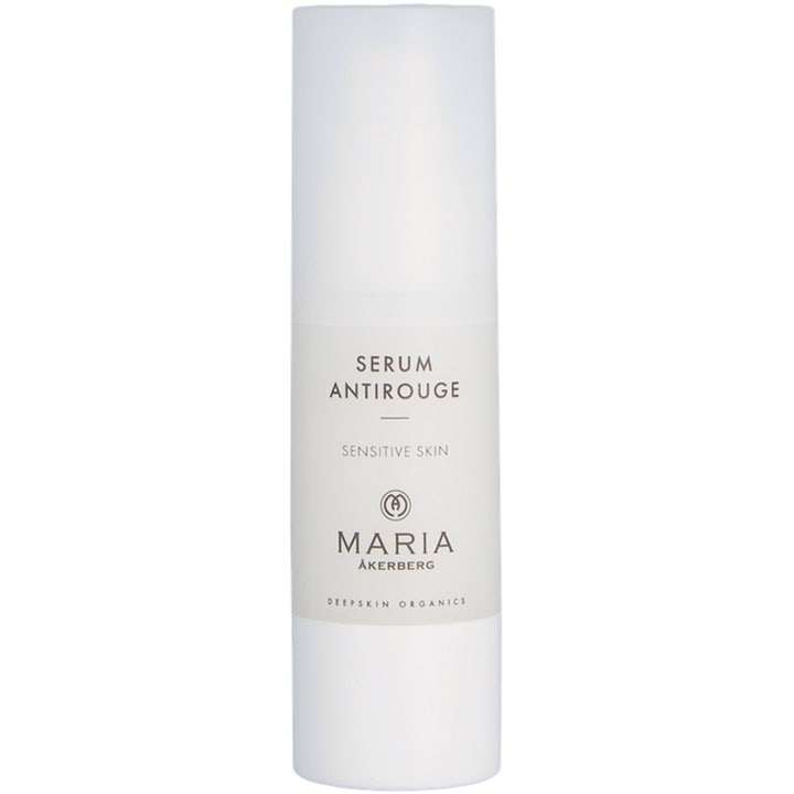 Maria Åkerberg Serum Antirouge rauhoittava seerumi herkälle iholle valkoisessa pumppupullossa beigellä etiketillä.