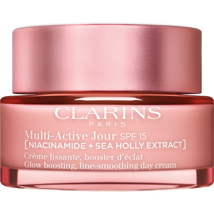 Clarins Multi-Active Jour SPF 15 niasiiniamidia sisältävä heleyttävä päivävoide vaaleanpunaisessa lasipurkissa