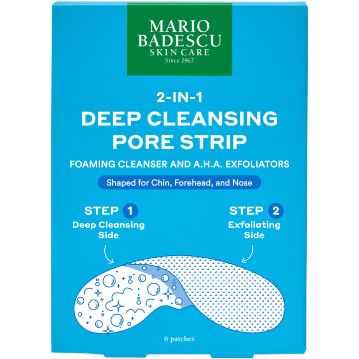 Mario Badescu 2-In-1 Deep Cleansing Pore Strip 6 kpl syväpuhdistava ihohuokosliuska sinisessä pakkauksessa AHA-hapoilla.