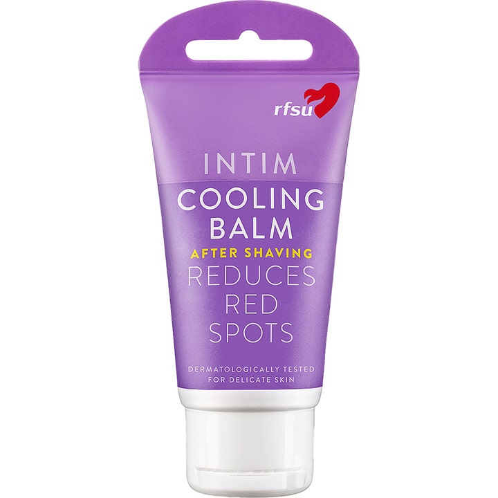 RFSU Intim Cooling Balm 40 ml rauhoittava voide parranajon jälkeen liilassa tuubissa valkoisella korkilla.