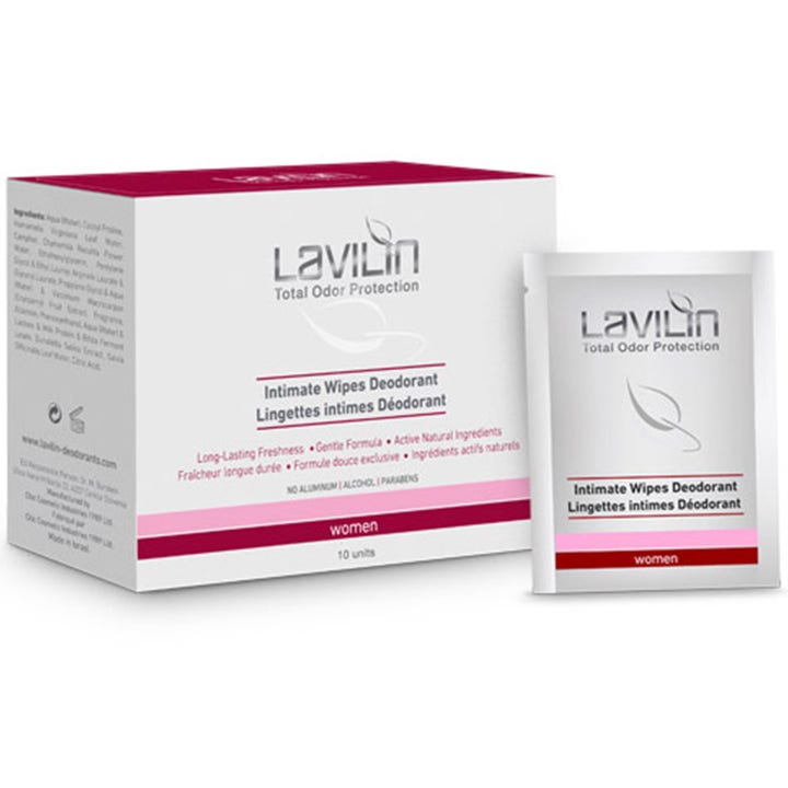 Lavilin Intimate Wipes Deodorant 10 kpl raikastavat intiimipyyhkeet valkoisessa pakkauksessa ja hopeinen pussi
