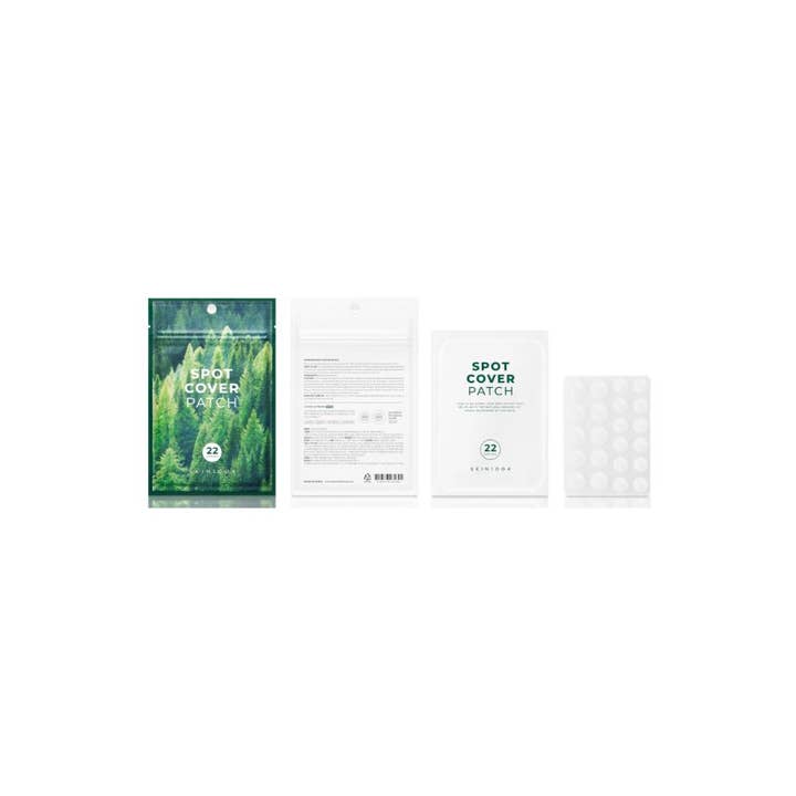 SKIN1004 Spot Cover Patch 22 kpl suojaava näppylälaastari vihreässä pussissa ja arkki läpinäkyviä pyöreitä laastareita