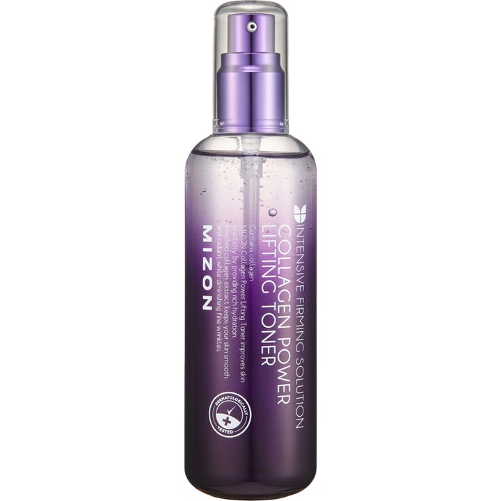 Mizon Collagen Power Lifting Toner 150 ml kiinteyttävä kasvovesi luo kimmoisuutta liilassa liukuvärjätyssä pumppupullossa