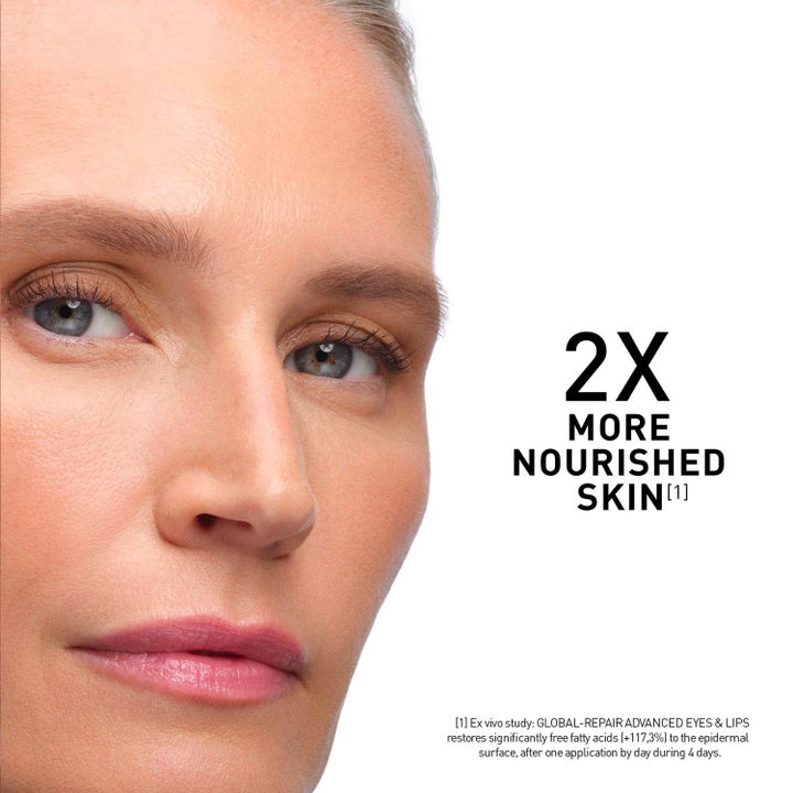 Filorga Global-Repair Advanced Eyes & Lips 15 ml ravitseva voide naisen kasvoilla ja teksti 2X More Nourished Skin