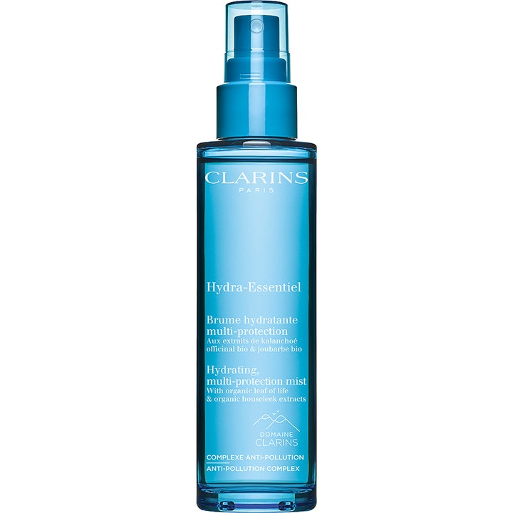 Clarins Hydra-Essentiel Hydrating multi-protection mist kosteuttava kasvosuihke sinisessä läpinäkyvässä suihkepullossa.