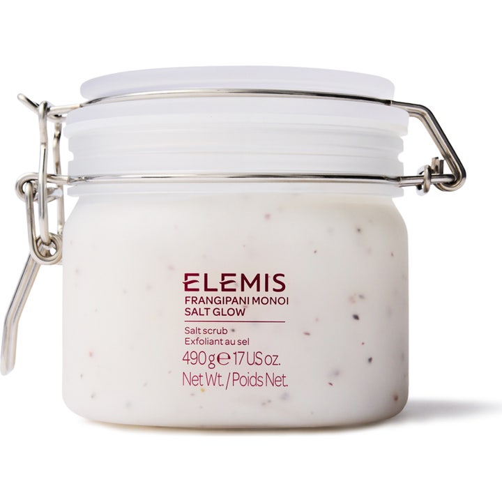 Elemis Frangipani Monoi Salt Glow 490 g silottava suolakuorinta valkoisessa purkissa hopeisella metallilukolla