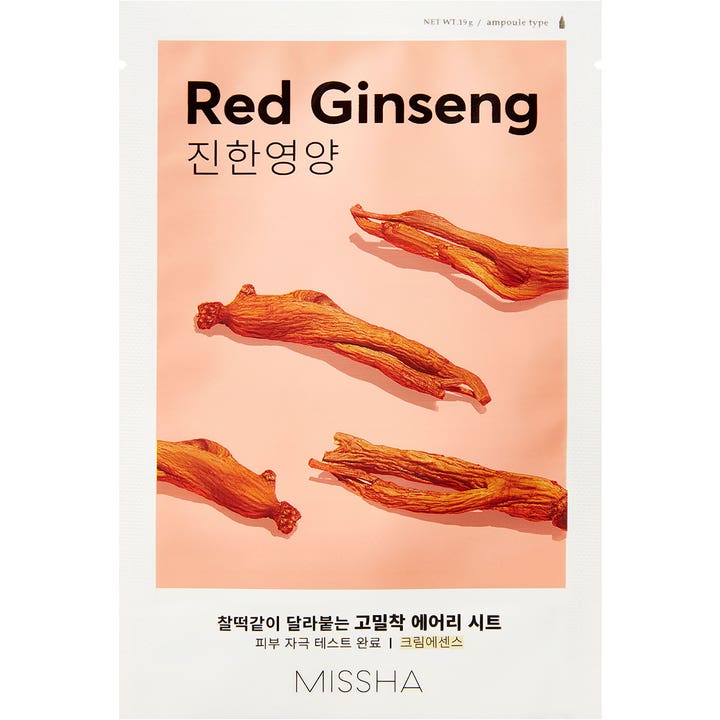 Missha Red Ginseng 19 g ravitseva kangasnaamio valkoisessa pussissa jossa on kuvia ginseng-juurista