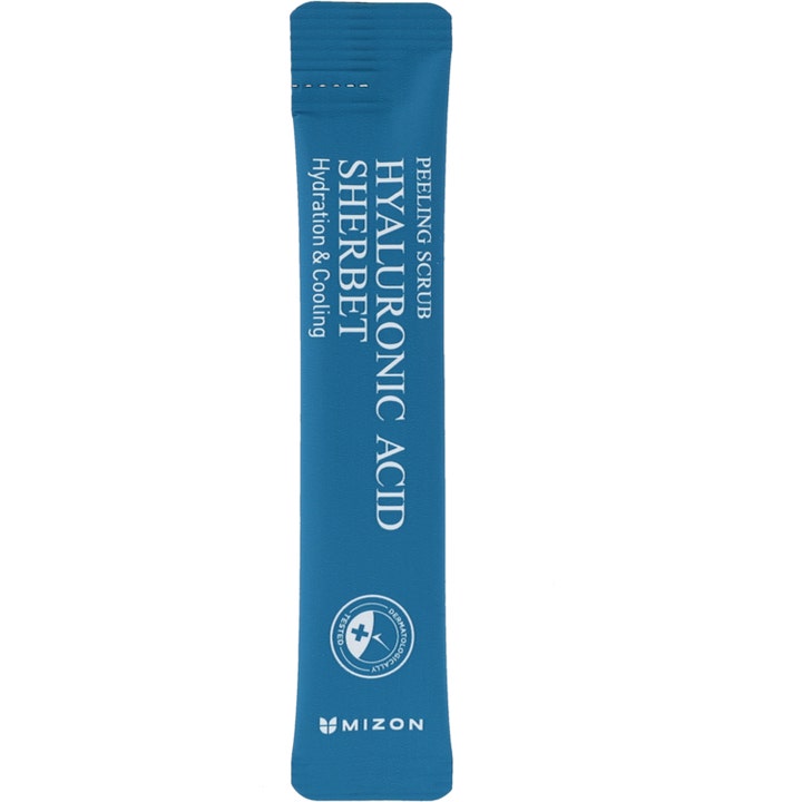 Mizon Hyaluronic Acid Sherbet Peeling Scrub kerta-annos on kosteuttava ja viilentävä kuorinta sinisessä stick-pakkauksessa.