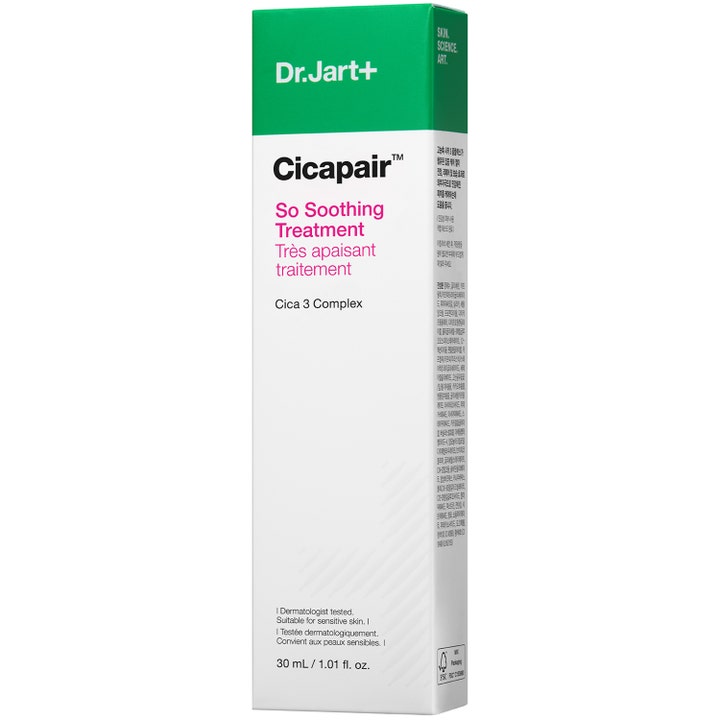 Dr.Jart+ Cicapair So Soothing Treatment 30 ml rauhoittava täsmähoito valkoisessa ja vihreässä pahvipakkauksessa.