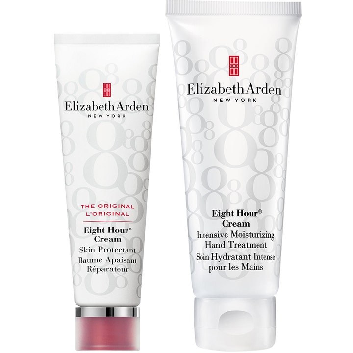 Elizabeth Arden Eight Hour Cream duo rauhoittaa ja kosteuttaa ihoa valkoisissa kahdeksikko-kuvioiduissa tuubeissa.