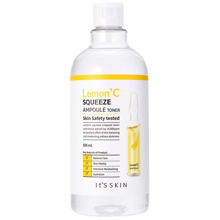It'S SKIN Lemon'C Squeeze Ampoule Toner 500 ml kirkastava kasvovesi kirkkaassa pullossa keltaisella etiketillä