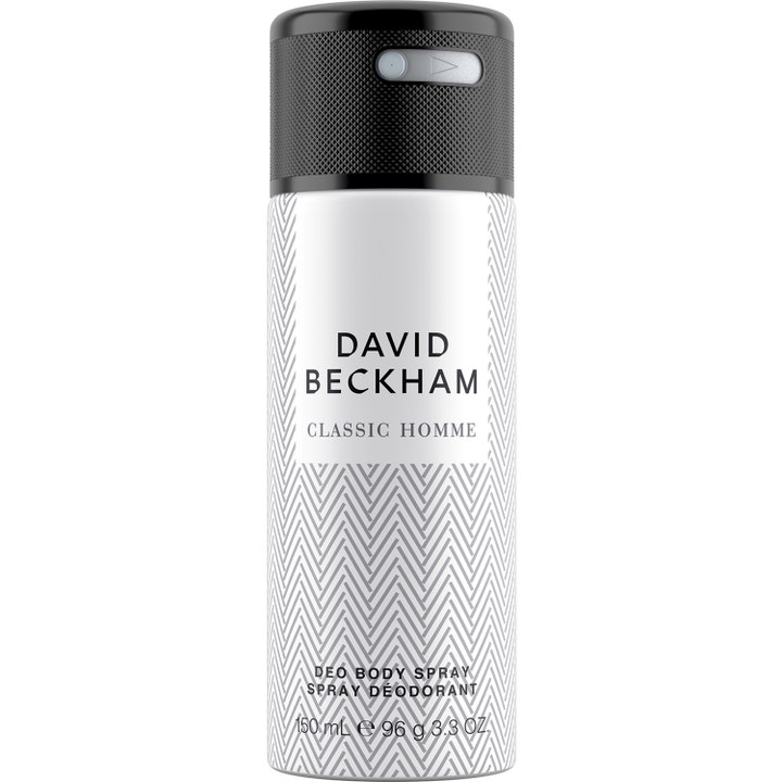 David Beckham Classic Homme 150 ml deodorantti antaa raikkautta valkoisessa pullossa, jossa on harmaa siksak-kuvio.