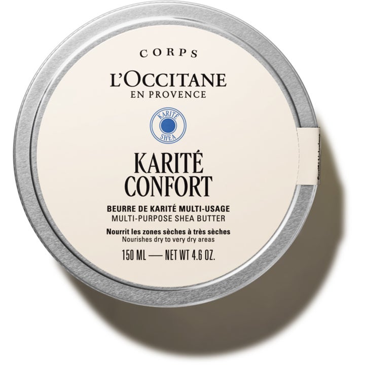 L'Occitane Karité Confort 150 ml ravitseva vartalovoi kosteuttaa ihoa pyöreässä hopeisessa metallipurkissa