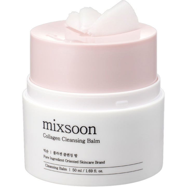 Mixsoon Collagen Cleansing Balm 50 ml puhdistusvoide valkoisessa purkissa vaaleanpunaisella kannella ja näkyvällä tekstuurilla.