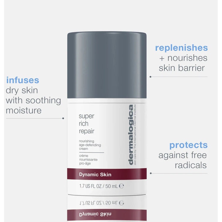 Dermalogica Super Rich Repair 50 ml ravitseva kasvovoide lieriömäisessä pakkauksessa hyötytekstein.