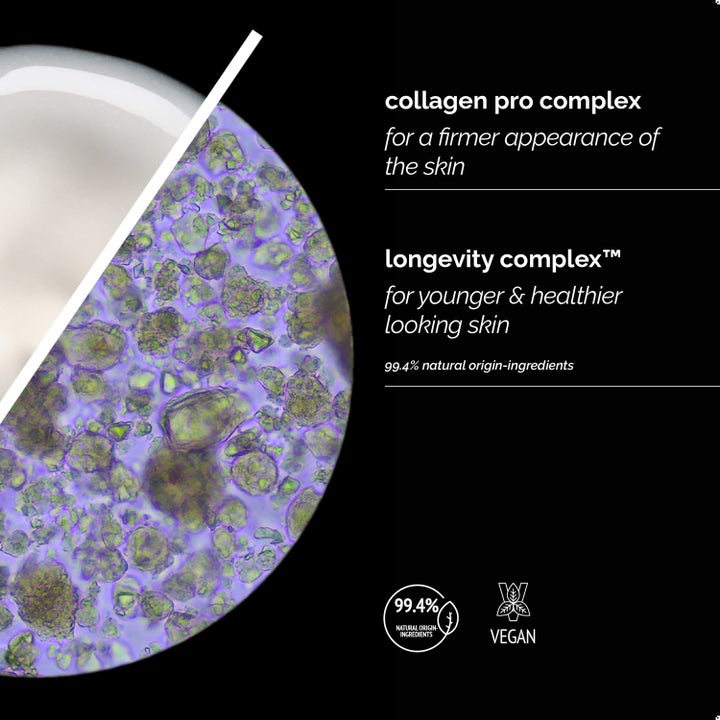 Skin Regimen Longevity Collagen+ Serum 30 ml kiinteyttävä seerumi näyttää vegaanisen ja 99,4 % luonnollisen koostumuksen.