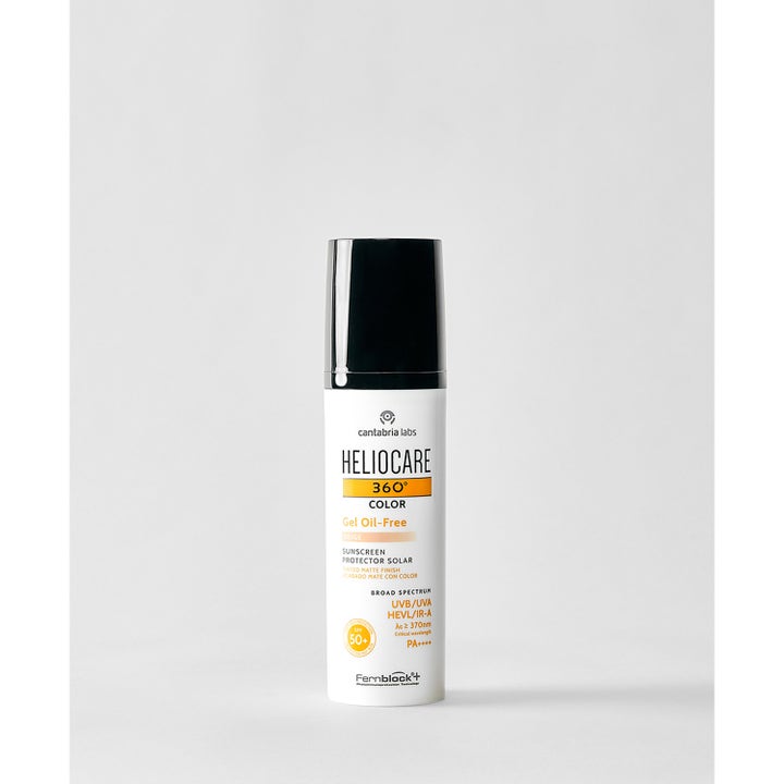 Heliocare 360 Color Gel Oil-Free SPF 50+ Beige 50 ml sävyttävä aurinkosuojageeli valkoisessa pumppupullossa.