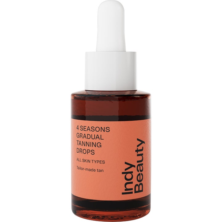 Indy Beauty 4 Seasons Gradual Tanning Drops 30 ml itseruskettavat tipat luovat päivetyksen ruskeassa pullossa valkoisella korkilla.