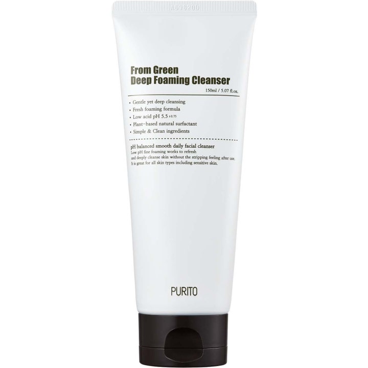 Purito From Green Deep Foaming Cleanser 150 ml syväpuhdistava kasvojenpuhdistusaine valkoisessa tuubissa mustalla korkilla.